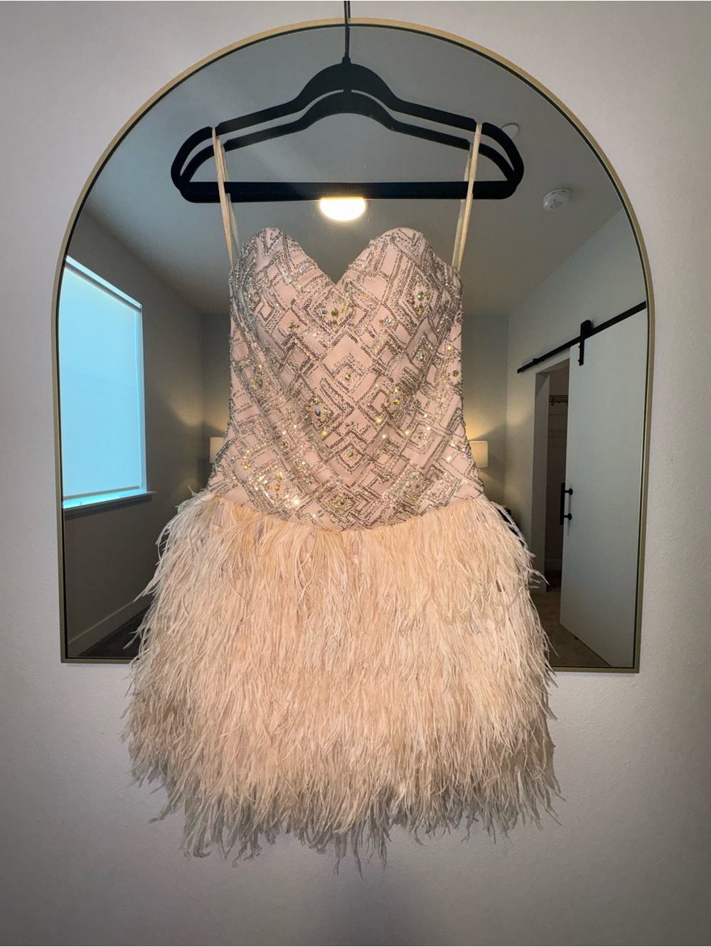 Source Unknown Blush Sequin Embellished Strapless Feather Mini Dress - Picture 3 of 16